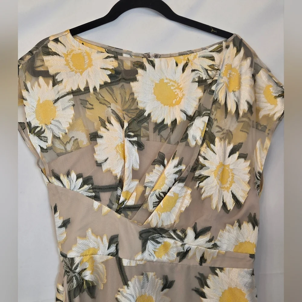 Lela Rose Sunflower Print Beige Midi Dress Boatneck Draped Bodice MSRP $1890 NWT - Picture 4 of 15